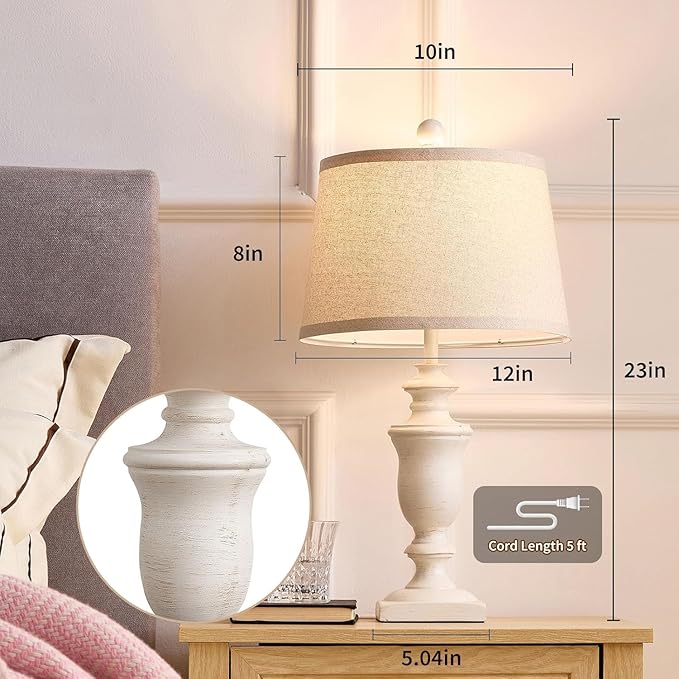 23" Farmhouse Table Lamps Set of 2, 3 Way Dimmable Lamps with 2 LED Bulbs and Rocker Switch, Vintage Nightstand Lamp for Bedroom Living Room Office End Table Entryway, White