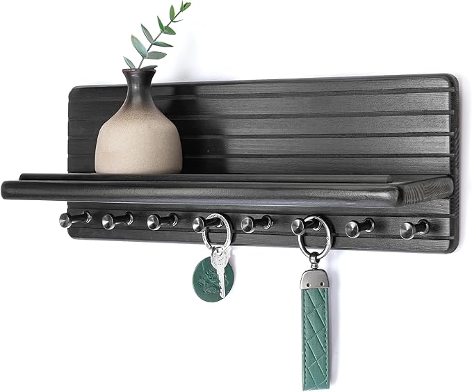 Rebee Vision Farmhouse Key Holder Wall Mount for Room Decor – Modern Key Rack for Wall with 8 Sturdy Hooks & Floating Shelf - House Organization Solution for Aesthetic Spaces(Black)