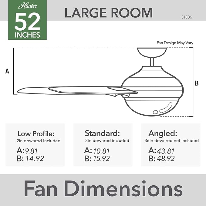 Hunter 52 inch Indoor Ceiling Fan with LED Light and Remote Control - White Modern Smart Ceiling Fan, Standard Mount, 5 Blades, For Bedroom, Living Room, or Kitchen, Quiet- Aerodyne 51336, Fresh White