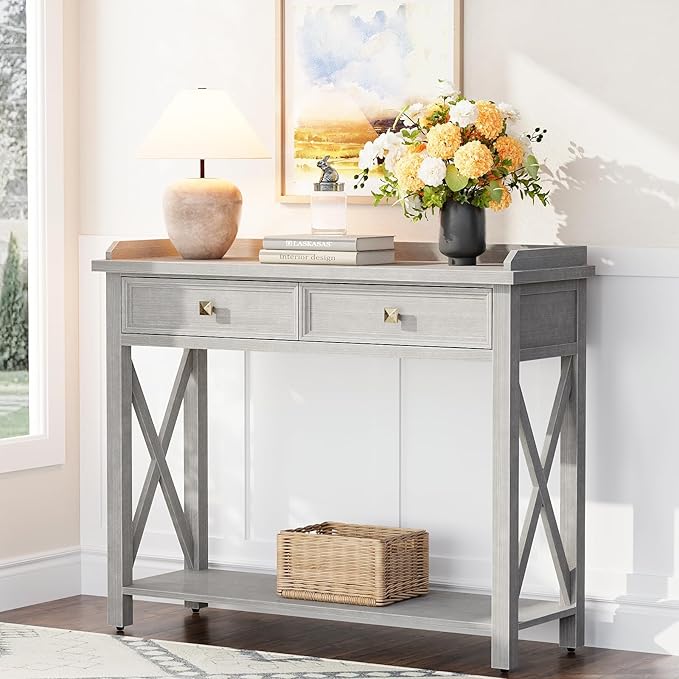 40" Console Table with Drawers, Entryway Table with Charging Station, Mid Century Console Table with Bottom Shelf, Wood Accent Sofa Table for Living Room, Hallway, Foyer, Drawers Pre-Assembled, Grey