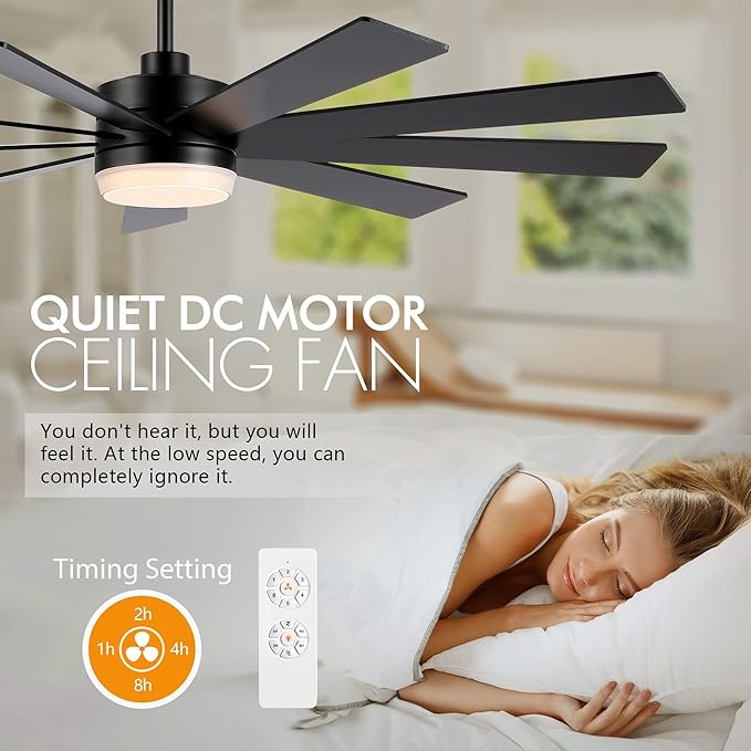 64" DC Motor Ceiling Fan with Light, 6-Speed Remote Control, Reversible Motor, Modern 9 Blades Black Ceiling Fan with 4.5"/12" Downrods for Home or Commercial, Living Room/Restaurant