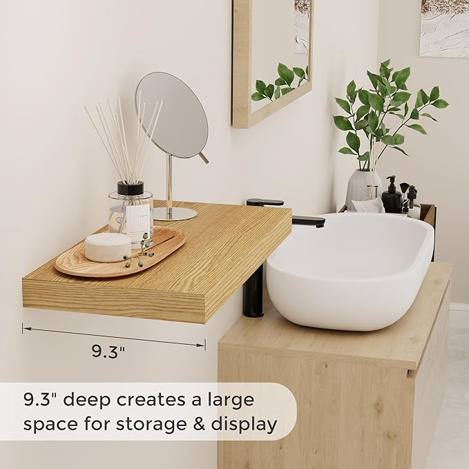 Floating Shelves 16 Inch Long, Wall-Mounted Bathroom Shelves Set of 2, 9.3 Inch Deep Shelf for Home Storage & Display, Wooden Deep Wall Shelves for Bedroom, Living Room, Kitchen, Oak Color