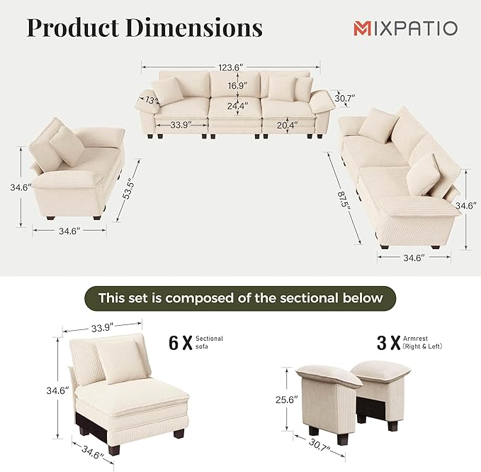 U-Shaped Cloud Modular Sofa Set, Deep Seat 3-Piece 6-Seater Sectional Couch & Removable Arms, Plush Corduroy for Living Room - Beige