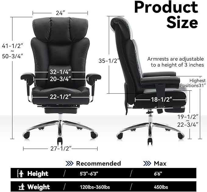 Efomao Big and Tall Office Chair 450lbs, Heavy Duty Executive Office Chair with Lumbar Support, Adjustable Armrests & Footrest, Ergonomic High Back Desk Chair for Home Office, Black