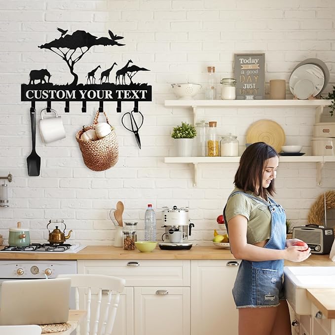 Personalized Key Holder for Wall | Custom Name Metal Cabin Key Hooks | Coat Hook Key Rack Wall Mount | Metal Wall Key Holder | Animal Theme African Art Decor for Living Room Hallway Office