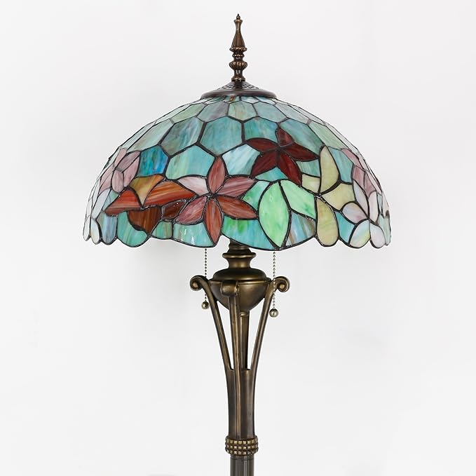 Tiffany Floor Lamp Red Yellow Green Flowers Stained Glass Standing Reading Light 16X16X70 Inches Antique Pole Corner Lamp Decor Bedroom Office Living Room