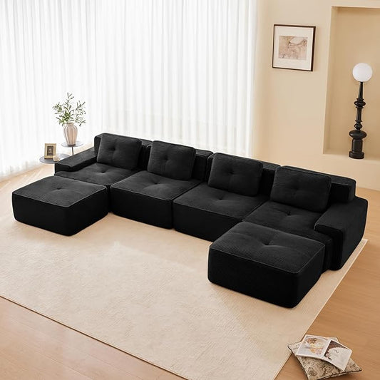 150" Modern Corduroy Cloud Sofa with Ottoman, U Shaped Boneless Modular Large Sectional Couches for Living Room, Black 4 Seater Compressed Memory Foam Couch, Extra Deep Seat, No Assembly