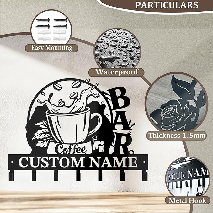 Coffee Bar Keys Holder - Metal Iron Wall Hooks with Custom Name | Personalized Home Decor & Gift Idea | Coffee-Themed Text Engraving Design (Style B)