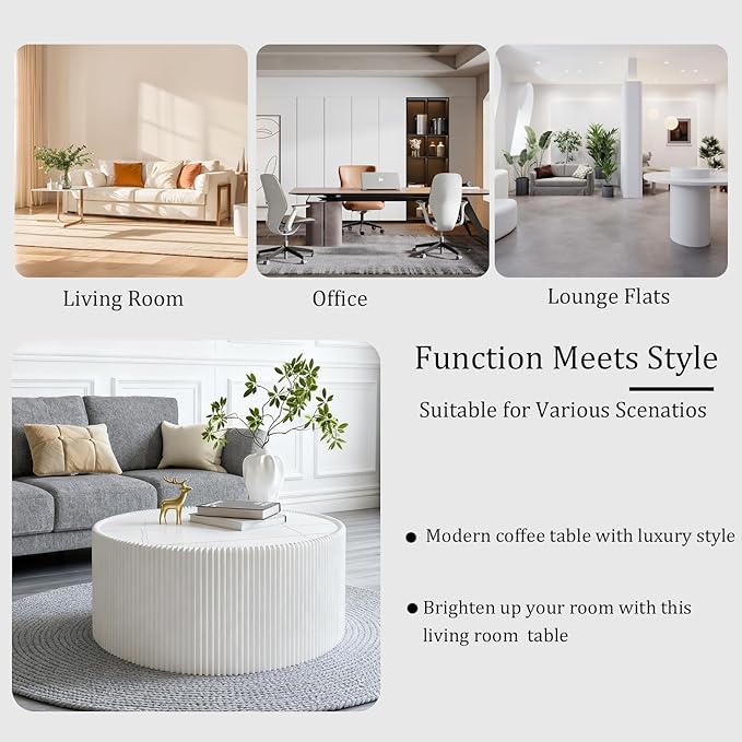 White Round Coffee Table with Sintered Stone Tabletop, 29.52" Drum Coffee Table with Fluted PU Leather Covered and Stable Base, Circle Cocktail Tea Table for Living Room