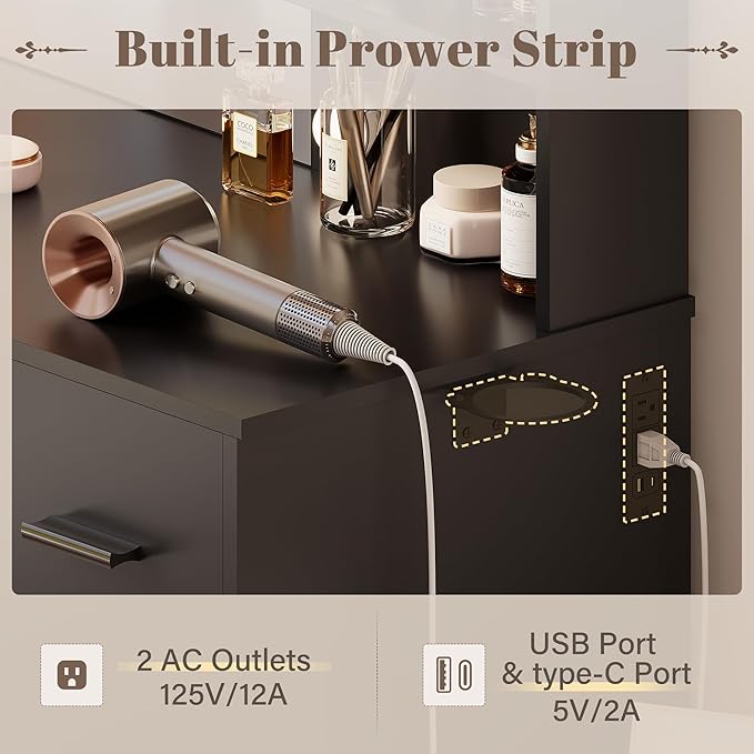 YESHOMY Vanity Desk with Mirror, 10 Lights, Power Outlet and 3 Storage Shelves, Makeup Table with 2 Drawers & 1 Cabinet, 3 Color Modes, for Bedroom, Black