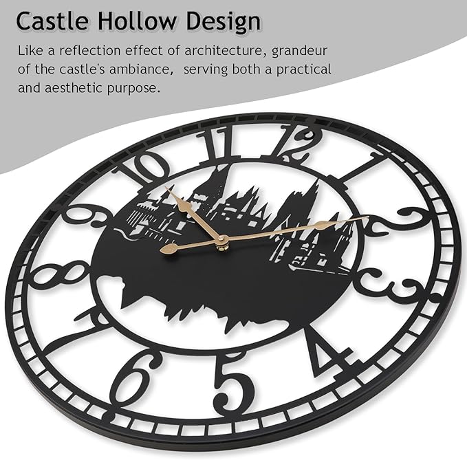 Wall Clocks for Living Room, Metal Black Castle with Metal Golden Retro Hands, Battery Operated Silent Non-Ticking Large Wall Clock for Bedroom Kitchen Living Room Home Decor,16x16Inch