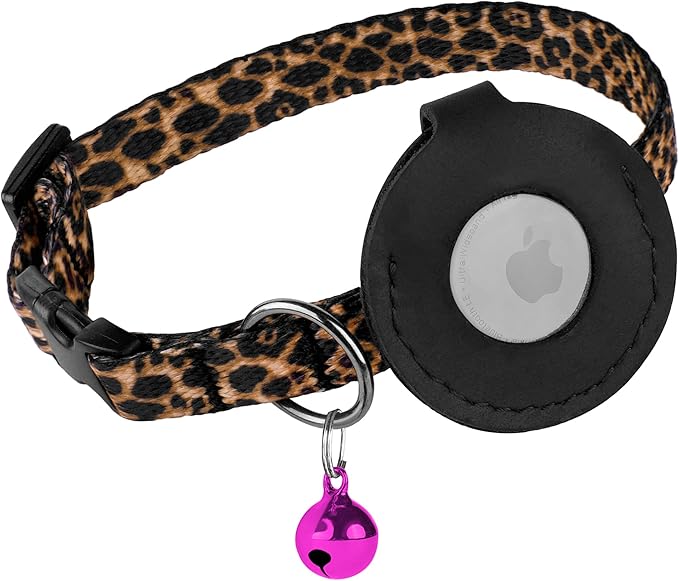 Airtag Cat Collar with Bell - Non Breakaway Soft Pet Collar with Leather Air Tag Holder - Adjustable GPS Anti-Lost Collars for Girl Boy Cats Kitten Puppies, Lightweight and Patterned (Leopard)