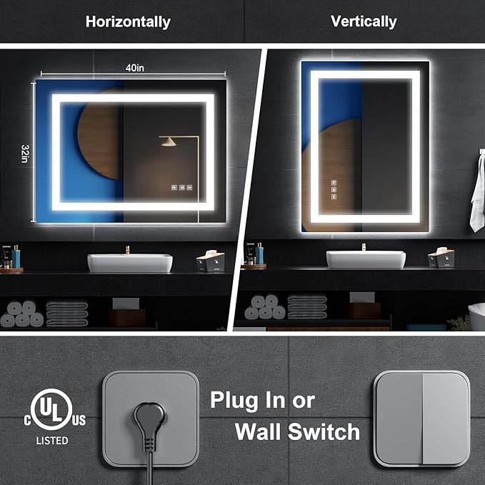 LED Mirror for Bathroom, 40x32 Inch Backlit + Front Lighted Bathroom Vanity Mirror with Lights for Wall, Double Light Strips, 3 Colors, Shatter-Proof, Anti-Fog and Brightness Memory