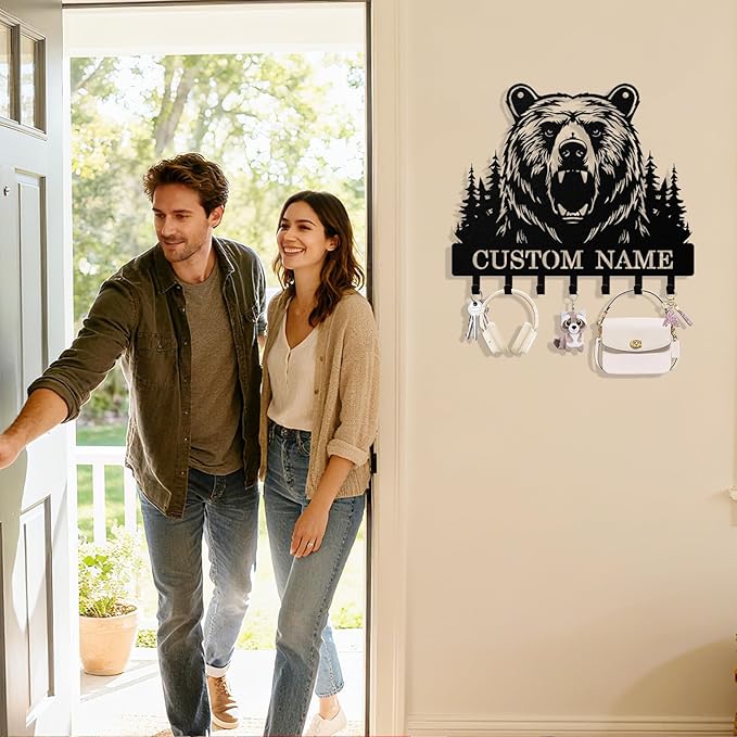 Personalized Bear Key Holder Wall Mount, Custom Metal Keys Hanger for Wall with Name, Custom Key Rack Holder with Hooks for Home, Entryway, Front Door, Living Room, Kitchen, Bathroom