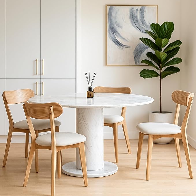 Solid Wood Dining Chair,FAS-Grade North American Oak, Ergonomic Curved Backrest & Pear White Thick Upholstered Seats,Oak Padded Dining Chair for Heavy People,Easy Assembly,400 lb Capacity