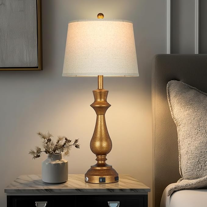 Retro Gold Table Lamps Set of 2 for Living Room,30" Tall Bedside Lamp with USB Charging Port,3-Way Dimmable Touch Nightstand Lamp for Bedroom Desk Side Table Office,Copper Gold