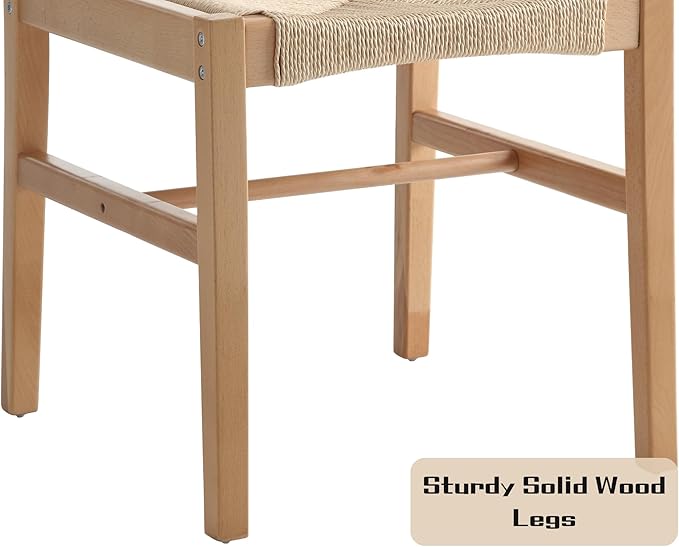 Modern Rattan Dining Chairs Set of 4, Boho Cane Farmhouse Chair, Natural Wood Legs Dining Chairs with Open Back, Armless with Natural Weave 2.5 Inches Seat Kitchen Chairs for Living Room