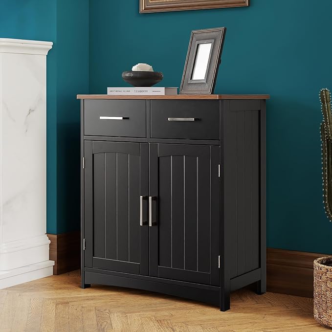 Buffet Cabinet with Storage, Coffee Bar Cabinet 26 x 30 Inches, Oak Top Sideboard Cabinet, Matte Black Finish, Anti-Fall Drawers, Arched Doors, Adjustable Shelves