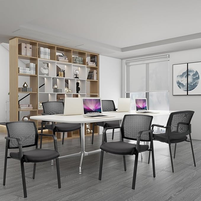 CLATINA Mesh Back Stacking Arm Chairs with Upholstered Fabric Seat and Ergonomic Lumbar Support for Office School Church Guest Reception Black 8 Pack Set New Version