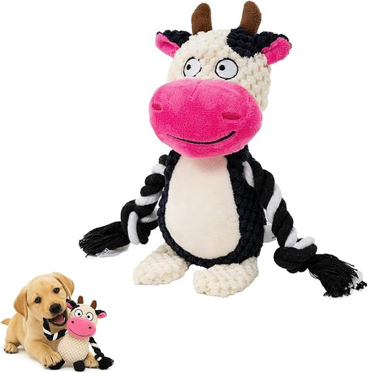 Dog Toy with Rope Arms Dairy Cow, Squeaky Interactive Pet Toy, Purple, for Small & Medium Dogs
