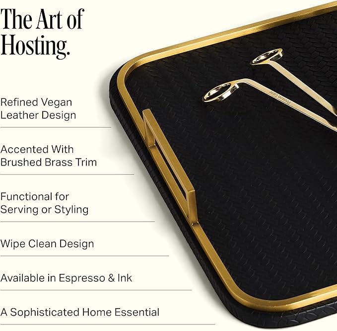 Preston Lane Mayfair Decorative Tray – Vegan Leather with Woven Texture, Brushed Brass Handles – Serving, Dresser & Coffee Table Tray, Ink