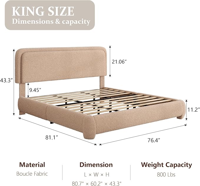 King Size Bed Frame with Headboard Adjustable, Boucle Upholstered Platform King Bed Frame, Anti-Collision Soft Rounded Corners, No Box Spring Needed, Noise-Free, Easy Assembly, Brown