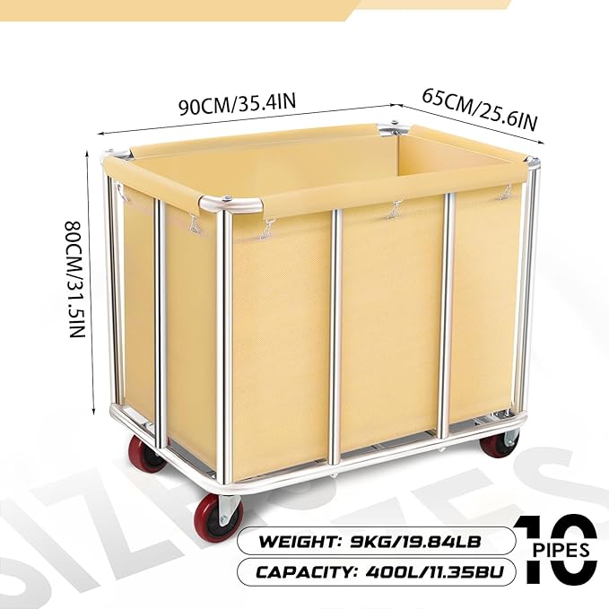 Commercial Laundry Cart with Wheels, 11.35 Bushels Large Roller with Removable Waterproof Canvas Lined Basket, Heavy Duty Stainless Steel for Hotels and Hospitals