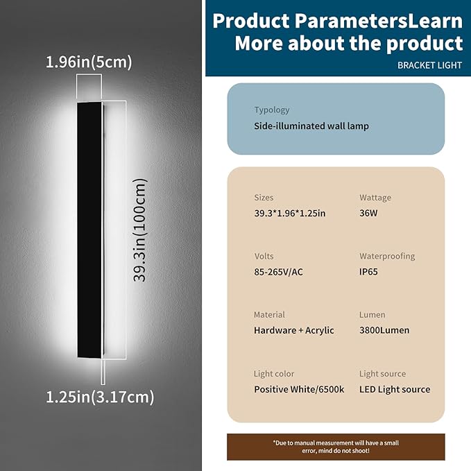 2 Pack 39.3inch Exterior Wall Light Fixture, Long Outdoor Modern Led Wall Lights, 6000K Cold White, 36W, IP65 Waterproof Linear Outside Porch Lighting for House, Garage, Fence, Garden