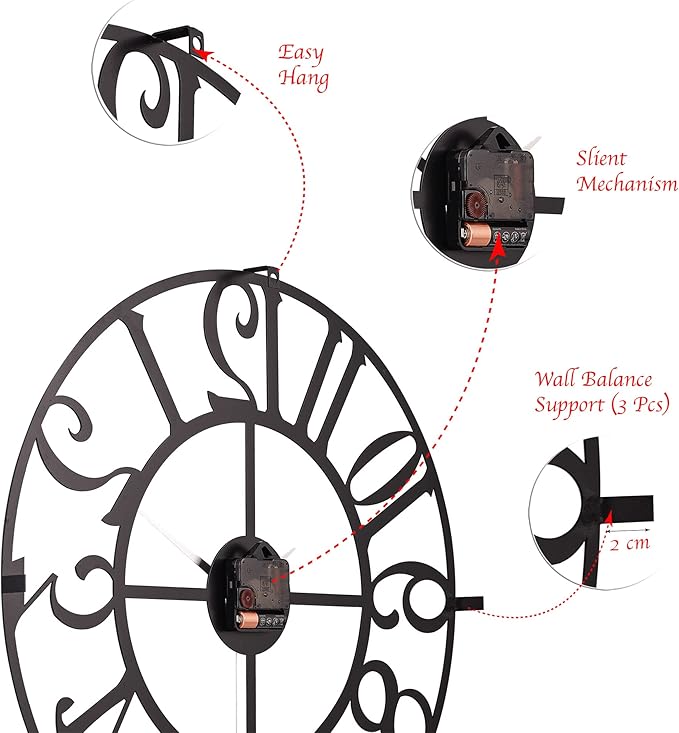 Large Metal Wall Clock | 20 inch Size Silent Battery Operated Large Size Analog Black Wall Clocks | Modern Wall Decor for Living Room Bedroom Kitchen Home Office