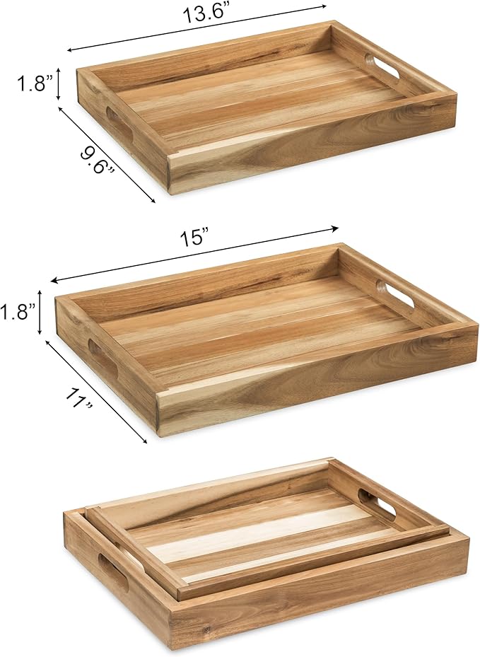 Natural Acacia Wooden Rectangular Serving Tray with Handles, Set of 2 (15"x11"), Large Tray for Ottoman, Breakfast in Bed, Dinner, Coffee Table Decor & Kitchen