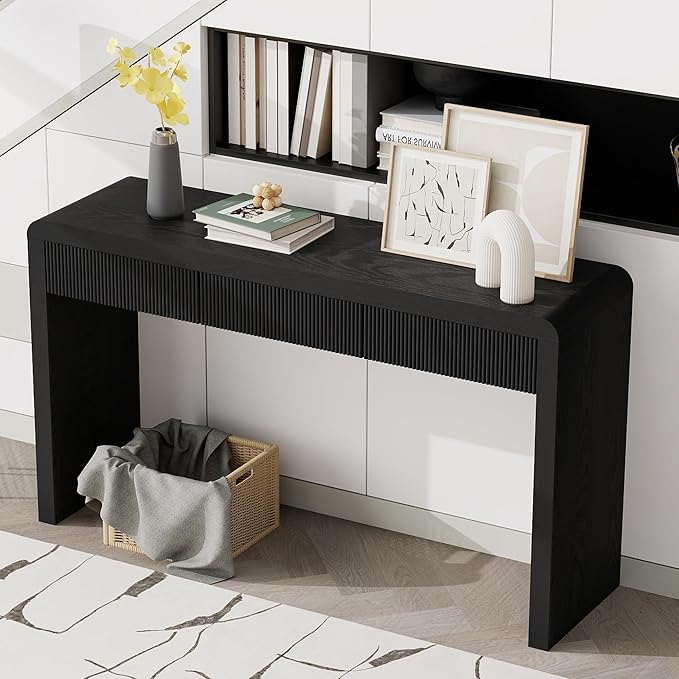 55”Curved Rustic Console Table with 3 Fluted Drawers,Solid Wood Veneer Entry Table Foyer Hallway Table, Narrow Sofa Table Natural Wood Grain for Living Room, Hallway (Black)