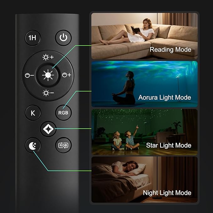 DUSKTEC Floor Lamp with RGB Star Projector, 15W 1400LM Dimmable 4 Color Temperatures LED Standing Lamp with Remote, Modern Tall Black Corner Lamp for Living Room, Bedroom, Office