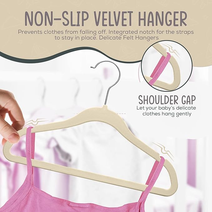 50 Premium Baby Velvet Hangers - 11.8" Non-Slip, Ultra-Slim Space-Saving Children Closet Hangers - 360° Swivel Hook, Strong & Durable Infant & Toddler Clothes Hangers for Wardrobe - Ivory