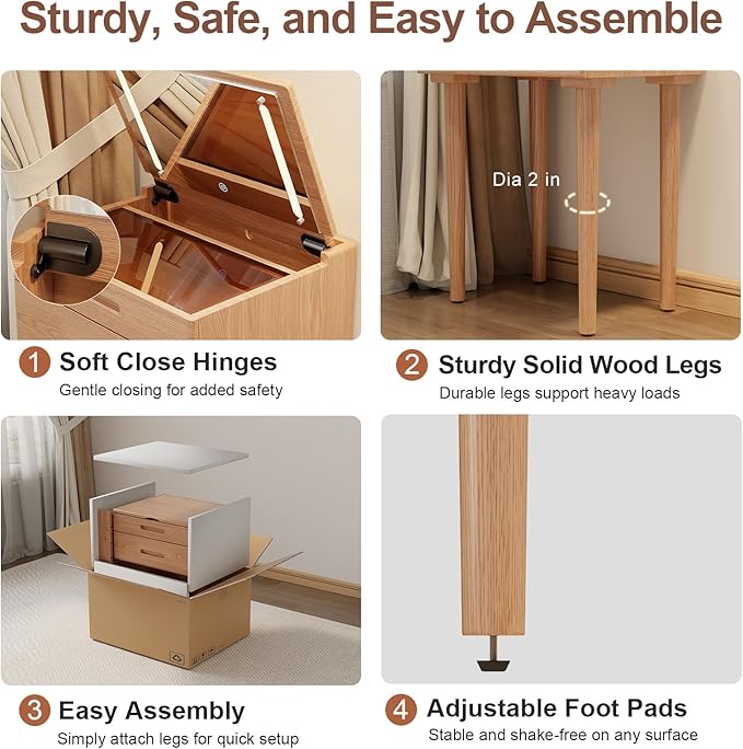 Solid Wood Small Vanity Desk with Mirror and Lights, Narrow Makeup Vanity for Small Space, Flip Top Vanity Side Table, 3 Color Modes & Adjustable Brightness, 19.6" Slim Dressing Table, Natural