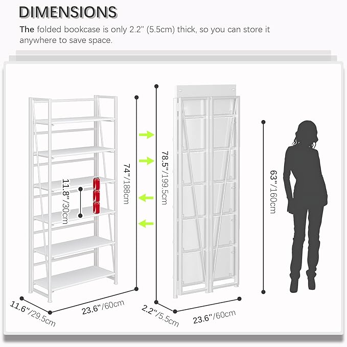 4NM No Assembly Folding Bookshelf, 6-Shelf 74" H Collapsible Foldable Bookcase Storage for Small Spaces, All White