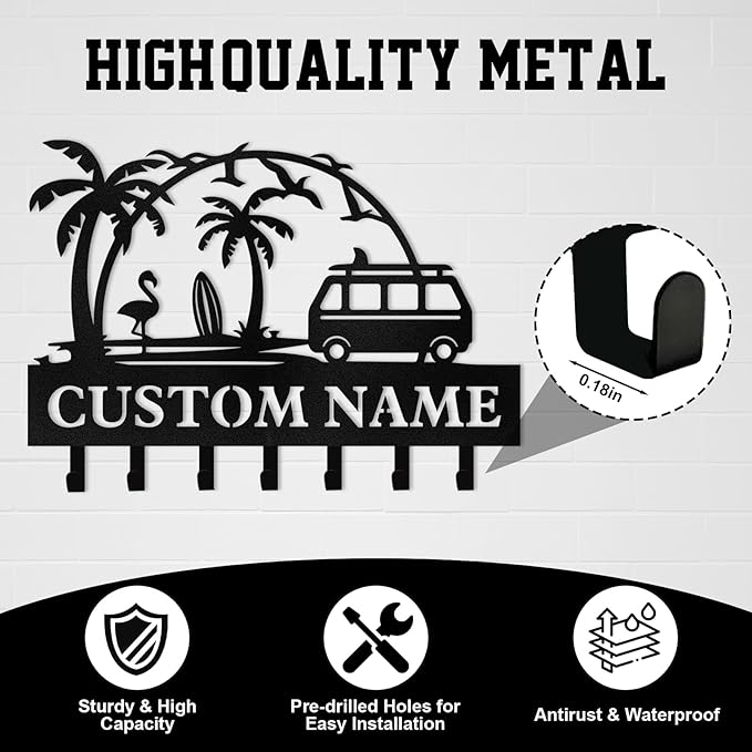 Personalized Key Holder for Wall, Beach Theme Key Holder Wall Mount with Hooks, Coconut Trees Key Hanger Wall Decor for Pool Bathroom Hallway Entryway Office, Customized Home Decor Gifts Color02