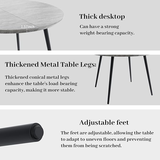 43.3"-59.1" Extendable Round Dining Table Set, Round Table for 6 Person with Scratch-Resistant Thickened MDF Board, Gray Coffee Table w/Metal Legs