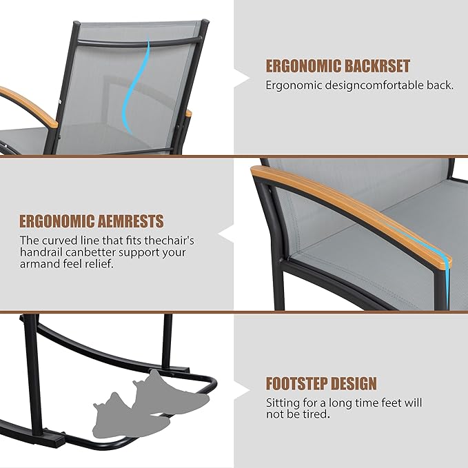 Shintenchi 3 Piece Outdoor Rocking Bistro Set, Textilene Fabric Small Patio Furniture Set, Front Porch Rocker Chairs Conversation Set with Table for Lawn, Garden, Balcony, Poolside (Light Gray)