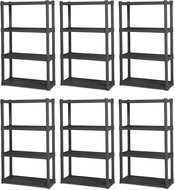 Sterilite 6-Pack 4 Shelf Unit, Heavy-Duty Shelving Storage and Utility Rack - Standing Plastic Organizer Shelves for Kitchen, Bathroom, and Garage