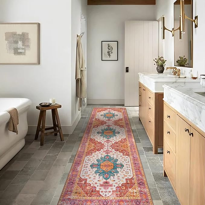 Moynesa Ultra-Thin Washable Rug - 2'6" x 10' Pink Long Hallway Carpet, Vintage Non Skid Non Shedding Low Pile Bedroom Mat for Girl's Room, Bathroom, Kitchen