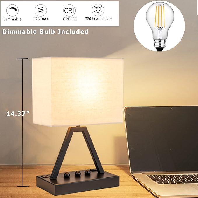 Briever Touch Control Table Lamp, 3-Way Dimmable Desk Lamp with USB C & USB A and AC Outlet, Bedside Lamps with Phone Stands for Bedroom, Living Room, Office, LED Bulb Included, Black