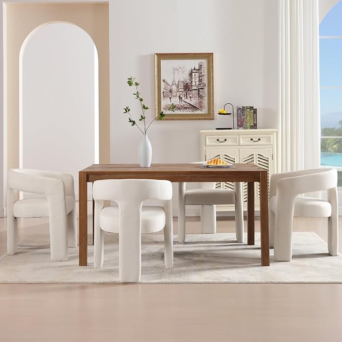 Modern Chenille Dining Chairs Set of 4, Upholstered Barrel Chairs with Arms Comfy Accent Side Chairs for Living Room/Dining Room/Reception, Beige