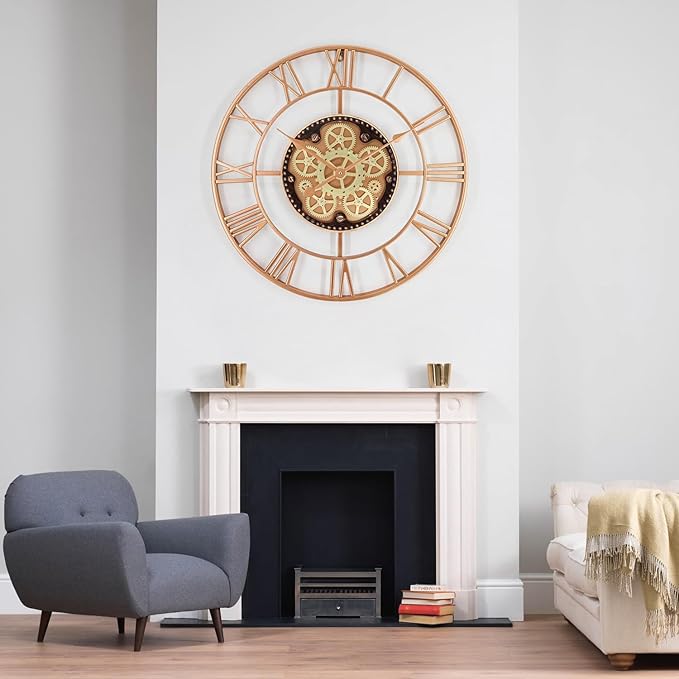 24 Inch Large Wall Clocks for Living Room Decor with Moving Gears,Large Wall Clock Industrial Steampunk,Oversized Metal Analog Wall Clocks for Farmhouse Home Battery Operated