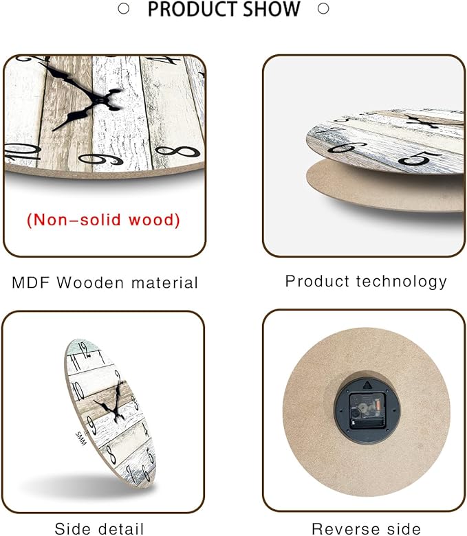 XNM Big Clock for Living Room Wood Wall Clocks Battery Operated 16 Inch Rustic Wall Clock Non Ticking (MDF No Solid Wood)