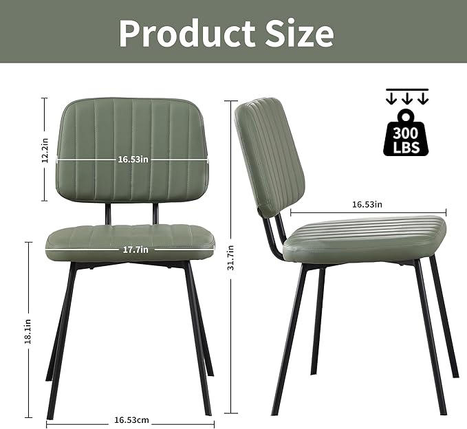 Dining Chairs Set of 2, Faux Leather Upholstered Dining Chairs, Mid Century Modern Kitchen Dining Room Accent Chairs with Curved Backrest and Steel Frame for Kitchen, Living Room - Green