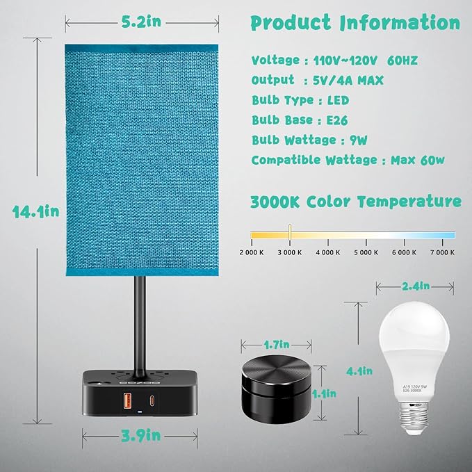 Nightstand Lamp & USB C+A Fast Charging Station: Modern Bedside Table Lamp with Remote & Touch Control, Warm Dimmable Light for Bedroom Nursery, Living Room End Tables, Home Office Desk | Green Shade