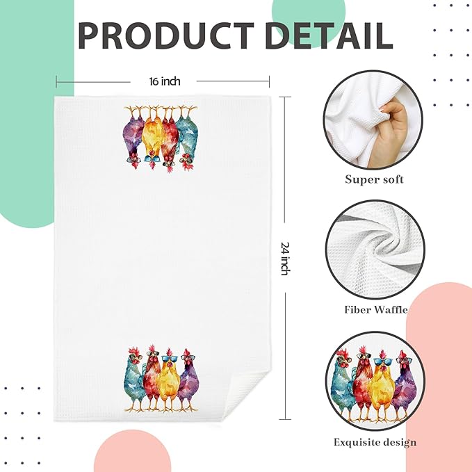 Funny Chicken Kitchen Towels, Chicken Lovers Lady Mom Gifts Dish Tea Towels, Cool Colorful Chicks in Sunglasses Decorative Hand Towel for Bathroom Kitchen, 16x24 Inch