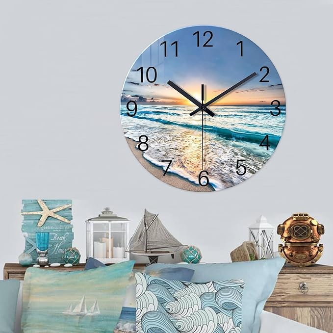 Coastal Glass Battery Wall Clock 24 Inch Blue Extra Large Clocks for Living Room Decor Round Quite Wall Clock Non Ticking