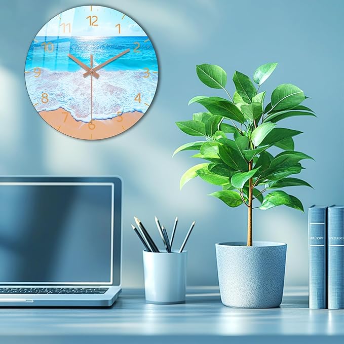 Beach Wall Clock 12 inch Battery Operated Modern Wall-Clock Sea Star Pattern Clocks Analog Wooden Clock Non Ticking for Bedroom, Office Decor