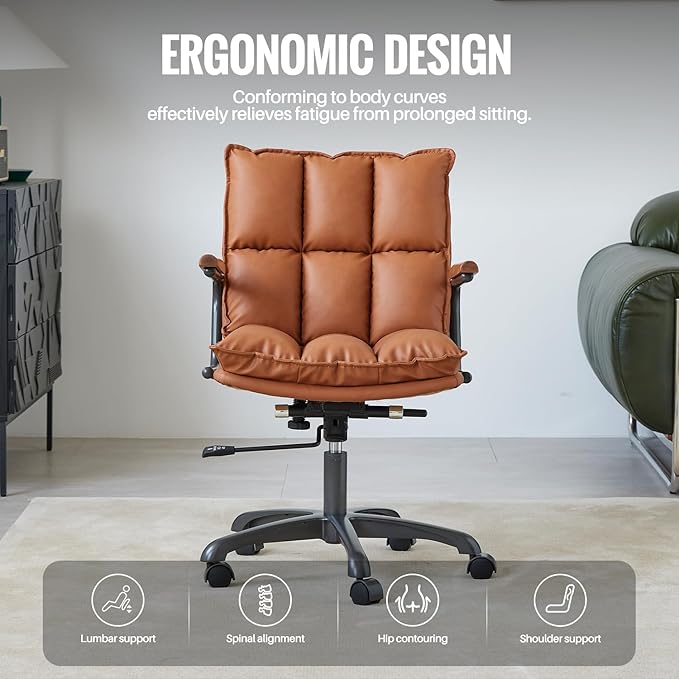 Home Office Desk Chair, Ergonomic Computer Chair with Wheels and Oak Arms, Adjustable Height Rolling Swivel Executive Task Armrests Chair, Rust Brown